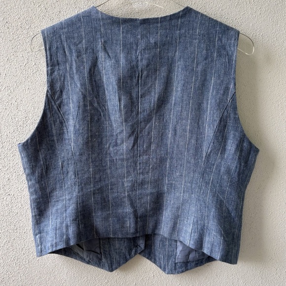Tahari XL Cotton Linen Blend Pinstripe Vest Buttons Denim look Fabric Lined - Picture 2 of 8